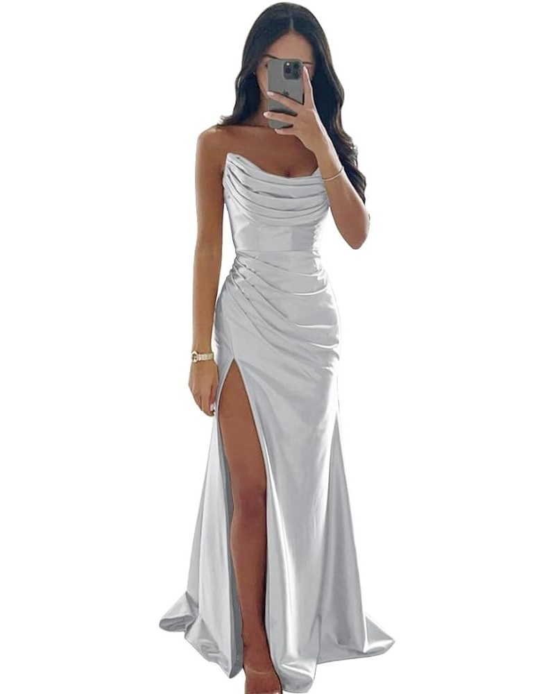 Strapless Satin Bridesmaid Dresses for Wedding Long Ruched Mermaid Formal Evening Prom Party Gown with Slit Black Silver $26....