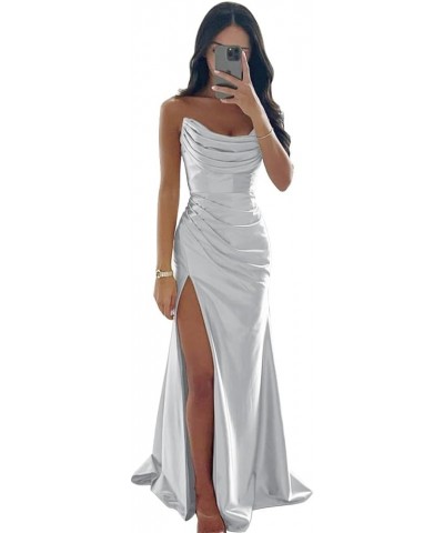 Strapless Satin Bridesmaid Dresses for Wedding Long Ruched Mermaid Formal Evening Prom Party Gown with Slit Black Silver $26....