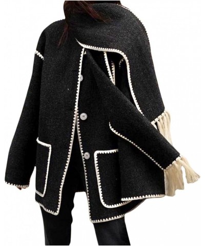 Women Wool Trench Coat Embroidered Scarf Jacket Oversized Button Down winter Wool Blend Coat with Tassel Scarf Black $18.04 C...