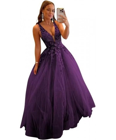 Lace Tulle Prom Dresses Long Ball Gown for Women 2024 V Neck Appliques Aline Sleeveless Formal Gowns and Evening Dresses Plum...