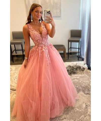 Lace Tulle Prom Dresses Long Ball Gown for Women 2024 V Neck Appliques Aline Sleeveless Formal Gowns and Evening Dresses Plum...