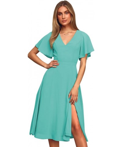 Women's Short Sleeve Bridesmaid Dresses with Slit V Neck Chiffon Short Formal Evening Gowns Turquoise $20.70 Dresses