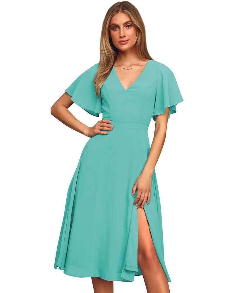 Women's Short Sleeve Bridesmaid Dresses with Slit V Neck Chiffon Short Formal Evening Gowns Turquoise $20.70 Dresses