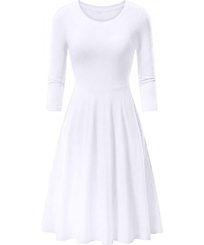 Women's Empire Waist 3/4 Sleeve Dress Crewneck Skater Dresses Solid Color A Line Dress White $9.84 Dresses