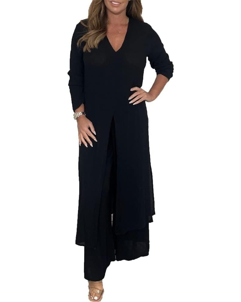 Casual Two Pieces Suit with Long Top & Matching Trouser,Solid V-Neck Slit Hem Shirt Wide-Leg Pant Set,Float Tunic. Black $18....