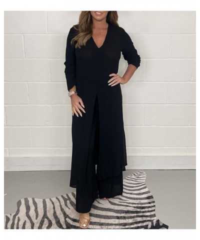 Casual Two Pieces Suit with Long Top & Matching Trouser,Solid V-Neck Slit Hem Shirt Wide-Leg Pant Set,Float Tunic. Black $18....