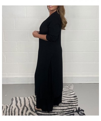 Casual Two Pieces Suit with Long Top & Matching Trouser,Solid V-Neck Slit Hem Shirt Wide-Leg Pant Set,Float Tunic. Black $18....