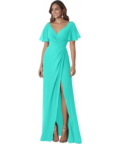 Women's Ruffle Sleeves Bridesmaid Dresses Long for Wedding Pleated Wrap Formal Evening Gown with Slit Turquoise $34.64 Dresses