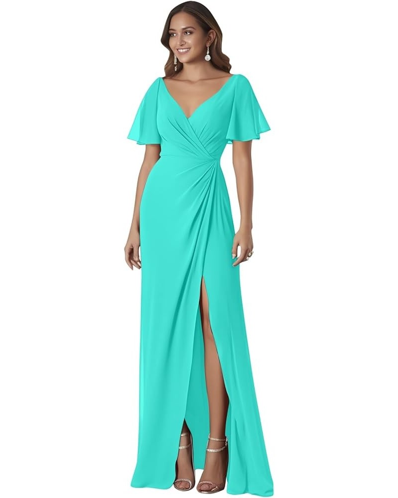 Women's Ruffle Sleeves Bridesmaid Dresses Long for Wedding Pleated Wrap Formal Evening Gown with Slit Turquoise $34.64 Dresses