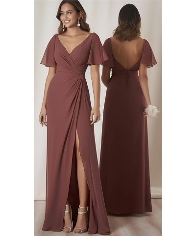 Women's Ruffle Sleeves Bridesmaid Dresses Long for Wedding Pleated Wrap Formal Evening Gown with Slit Turquoise $34.64 Dresses