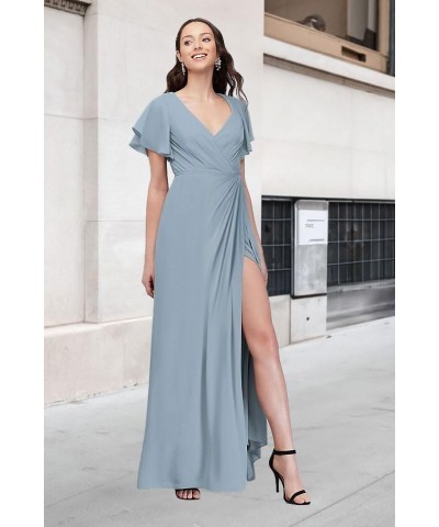 Women's Ruffle Sleeves Bridesmaid Dresses Long for Wedding Pleated Wrap Formal Evening Gown with Slit Turquoise $34.64 Dresses