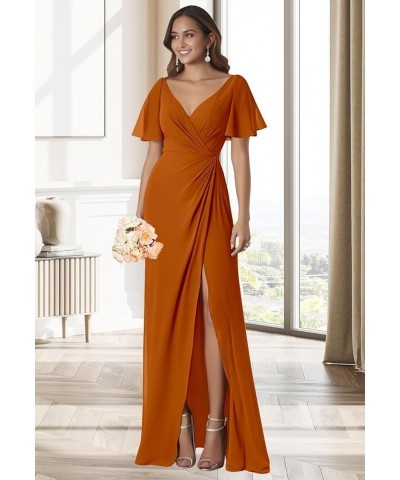 Women's Ruffle Sleeves Bridesmaid Dresses Long for Wedding Pleated Wrap Formal Evening Gown with Slit Turquoise $34.64 Dresses