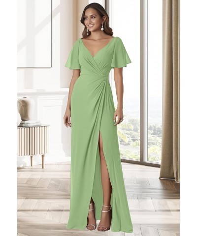 Women's Ruffle Sleeves Bridesmaid Dresses Long for Wedding Pleated Wrap Formal Evening Gown with Slit Turquoise $34.64 Dresses