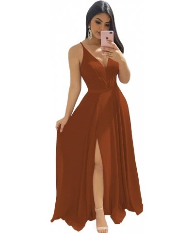 V Neck Bridesmaid Dresses for Women 2024 Long Simple Chiffon Formal with Slit A Line Evening Party Prom Dresses Z014 Burnt Or...