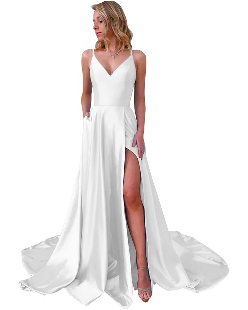 Spaghetti Straps Satin Prom Dress with Pockets High Slit V Neck Long Formal Evening Gown for Women White $34.19 Dresses