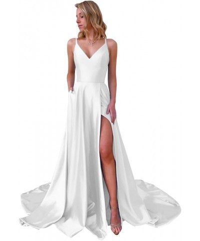 Spaghetti Straps Satin Prom Dress with Pockets High Slit V Neck Long Formal Evening Gown for Women White $34.19 Dresses