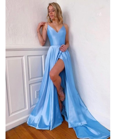 Spaghetti Straps Satin Prom Dress with Pockets High Slit V Neck Long Formal Evening Gown for Women White $34.19 Dresses