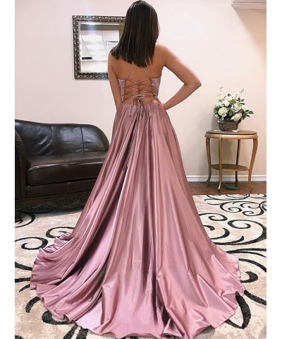 Spaghetti Straps Satin Prom Dress with Pockets High Slit V Neck Long Formal Evening Gown for Women White $34.19 Dresses