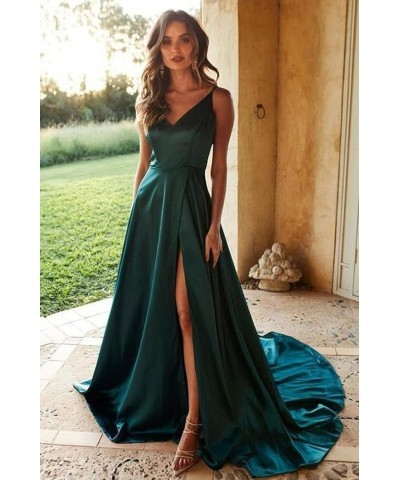 Spaghetti Straps Satin Prom Dress with Pockets High Slit V Neck Long Formal Evening Gown for Women White $34.19 Dresses