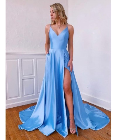 Spaghetti Straps Satin Prom Dress with Pockets High Slit V Neck Long Formal Evening Gown for Women White $34.19 Dresses