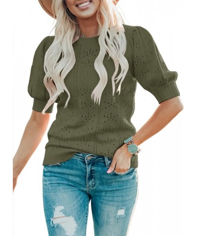 Womens Puff Short Sleeve Sweaters Tops Fall Soft Crew Neck Dot Pullover Shirt Lightweight Knit Sweater Blouse Army Green $19....