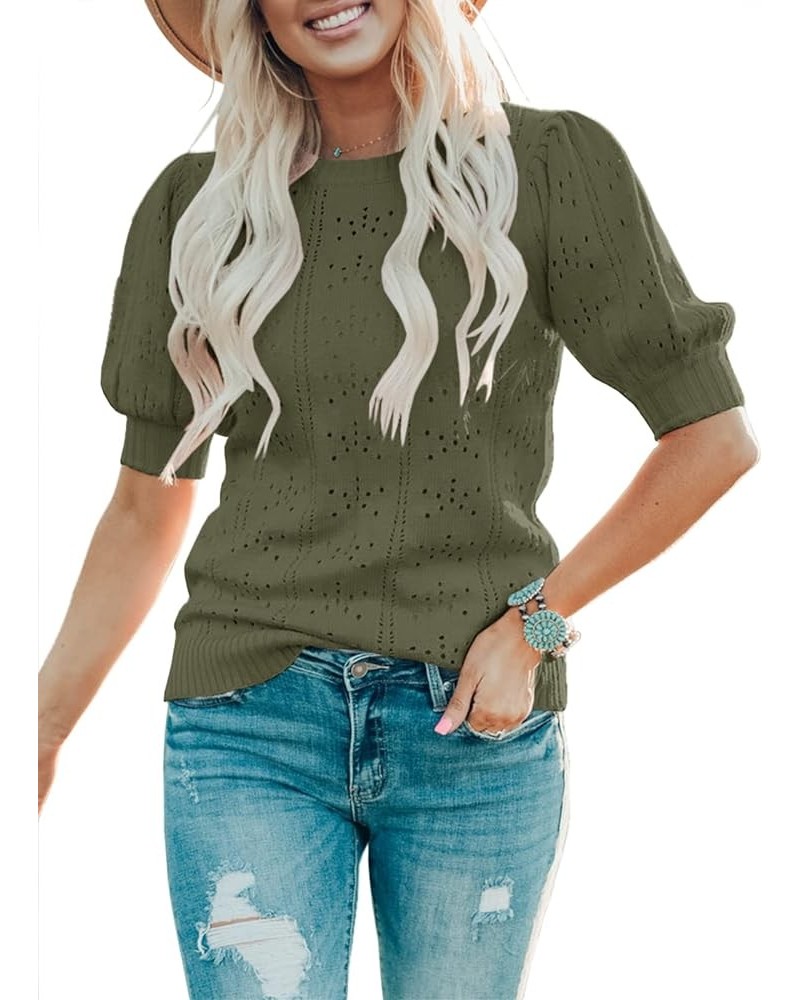 Womens Puff Short Sleeve Sweaters Tops Fall Soft Crew Neck Dot Pullover Shirt Lightweight Knit Sweater Blouse Army Green $19....