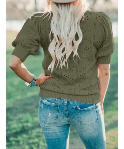 Womens Puff Short Sleeve Sweaters Tops Fall Soft Crew Neck Dot Pullover Shirt Lightweight Knit Sweater Blouse Army Green $19....