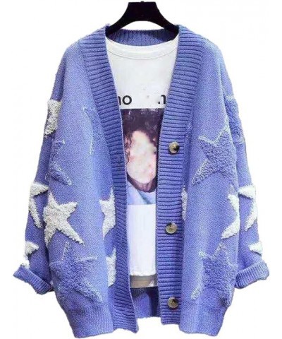 Women's Star Jacquard V-Neck Sweater Color Blocking Long-Sleeved Knitted Cardigan Korean Version of The Jacket (Color : Blue,...