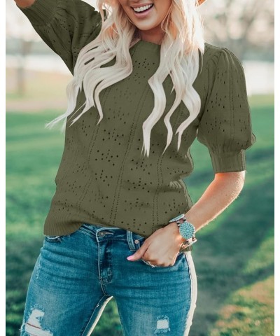 Womens Puff Short Sleeve Sweaters Tops Fall Soft Crew Neck Dot Pullover Shirt Lightweight Knit Sweater Blouse Army Green $19....