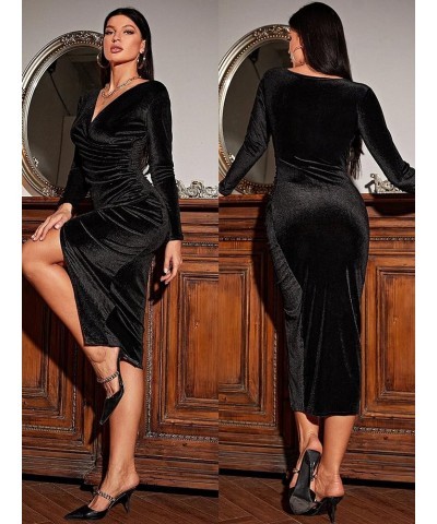 Women's Sexy Long Sleeve Ruched Dress Velvet V Neck Cocktail Party Evening Club Maxi Dress Black $19.80 Dresses