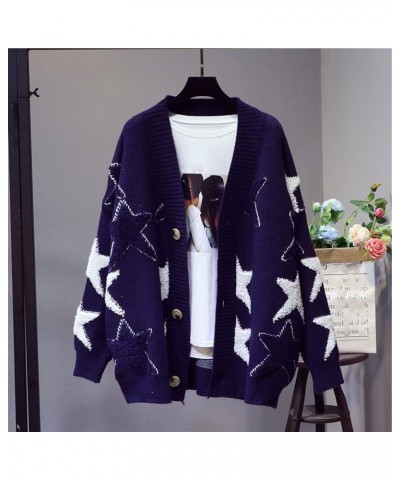 Women's Star Jacquard V-Neck Sweater Color Blocking Long-Sleeved Knitted Cardigan Korean Version of The Jacket (Color : Blue,...