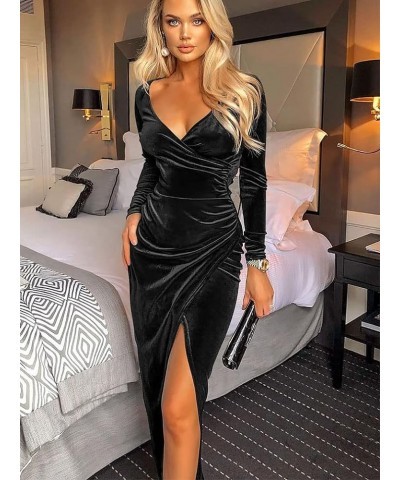 Women's Sexy Long Sleeve Ruched Dress Velvet V Neck Cocktail Party Evening Club Maxi Dress Black $19.80 Dresses