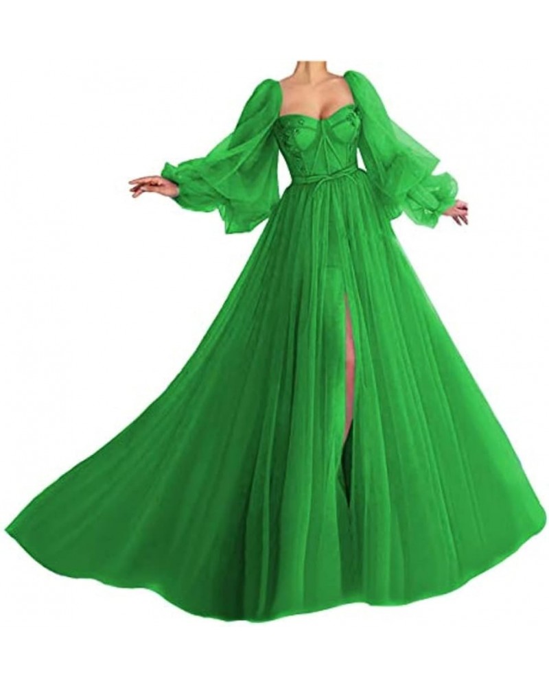 Women's Puffy Sleeve Prom Dress Ball Gown Tulle Sweetheart Wedding Formal Evening Dresses with Split Green $38.25 Dresses