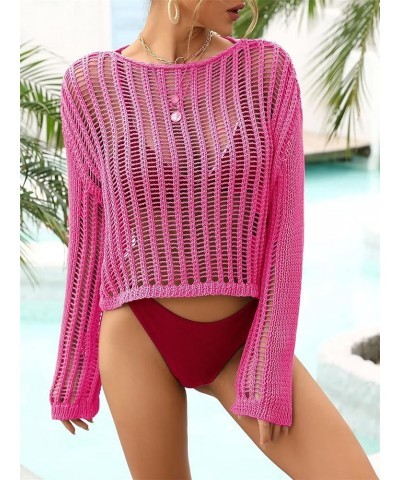 Women's Crochet Tops Bathing Suit Cover Ups Beach Bikini Swimsuit Coverup for Women Long Sleeve Hollow Out Tunic Crop Tops Ro...