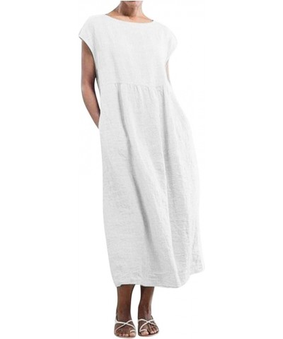 Beige Women Summer Cotton Linen Dress Sleeveless Crew Neck Loose Baggy Kaftan Long Dress With Pockets 1_white $4.91 Dresses