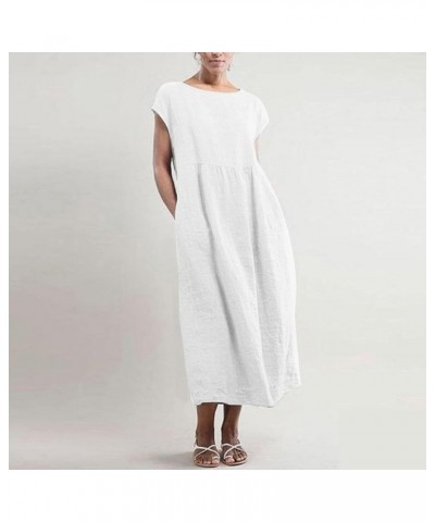 Beige Women Summer Cotton Linen Dress Sleeveless Crew Neck Loose Baggy Kaftan Long Dress With Pockets 1_white $4.91 Dresses