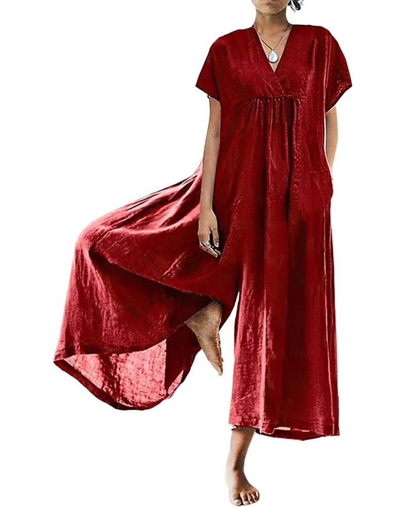 Women'S Loose Wide Leg Jumpsuits Cotton Linen Casual Summer Short Sleeve Long Pants Rompers 17-red-v $16.32 Jumpsuits