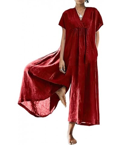 Women'S Loose Wide Leg Jumpsuits Cotton Linen Casual Summer Short Sleeve Long Pants Rompers 17-red-v $16.32 Jumpsuits