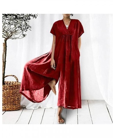 Women'S Loose Wide Leg Jumpsuits Cotton Linen Casual Summer Short Sleeve Long Pants Rompers 17-red-v $16.32 Jumpsuits