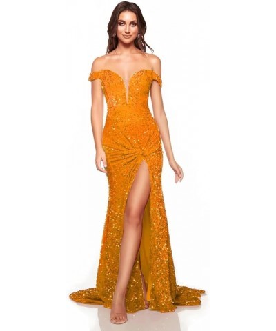 Sparkly Off Shoulder Prom Dresses Long with High Slit Mermaid Sequin Dress for Women Wedding Party Formal Gowns Mairgold $40....