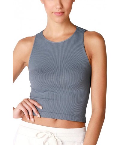 Women Seamless High Neck Ribbed Crop Top, Made in U.S.A, One Size Bluestone $13.97 Tanks