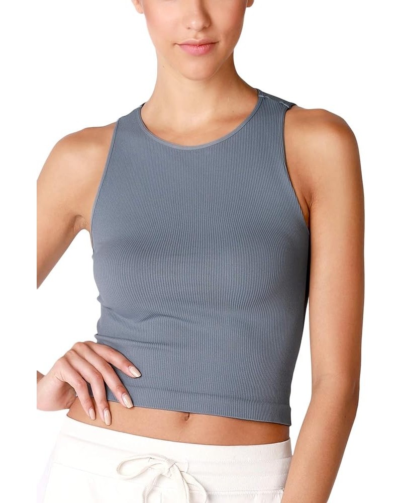 Women Seamless High Neck Ribbed Crop Top, Made in U.S.A, One Size Bluestone $13.97 Tanks