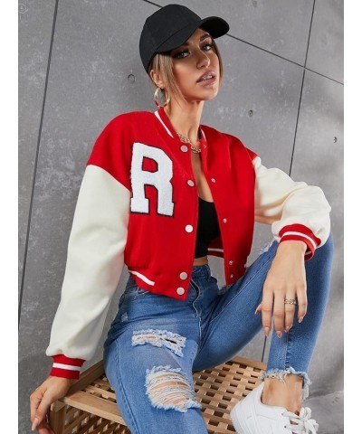 Women's Casual Button Down Long Sleeve Letter Print Jacket Outerwear Red $24.50 Jackets