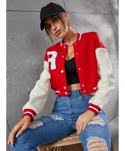 Women's Casual Button Down Long Sleeve Letter Print Jacket Outerwear Red $24.50 Jackets