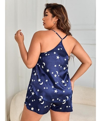 Women's Plus Size Satin Sleepwear Leopard Print Color Block Cami Top and Shorts Pajama Set Navy Blue Star Moon Print $11.93 S...