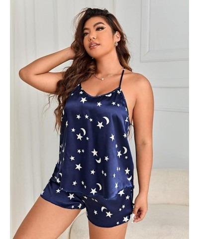 Women's Plus Size Satin Sleepwear Leopard Print Color Block Cami Top and Shorts Pajama Set Navy Blue Star Moon Print $11.93 S...