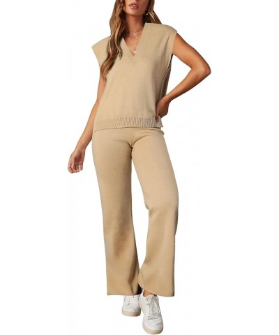 Women's 2 Piece Outfits Sweater Vest Lounge Set V Neck Sleeveless Sweaters Wide Leg Pants Sweatsuit Apricot $21.41 Activewear