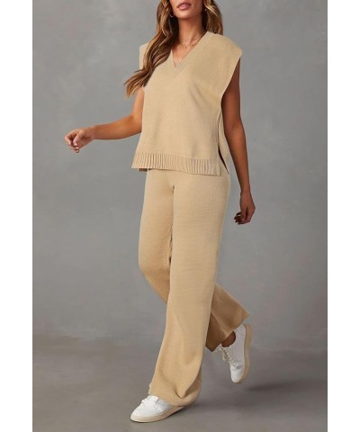 Women's 2 Piece Outfits Sweater Vest Lounge Set V Neck Sleeveless Sweaters Wide Leg Pants Sweatsuit Apricot $21.41 Activewear