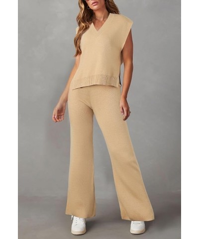 Women's 2 Piece Outfits Sweater Vest Lounge Set V Neck Sleeveless Sweaters Wide Leg Pants Sweatsuit Apricot $21.41 Activewear