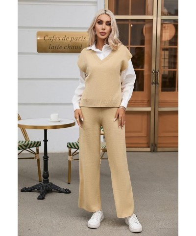 Women's 2 Piece Outfits Sweater Vest Lounge Set V Neck Sleeveless Sweaters Wide Leg Pants Sweatsuit Apricot $21.41 Activewear